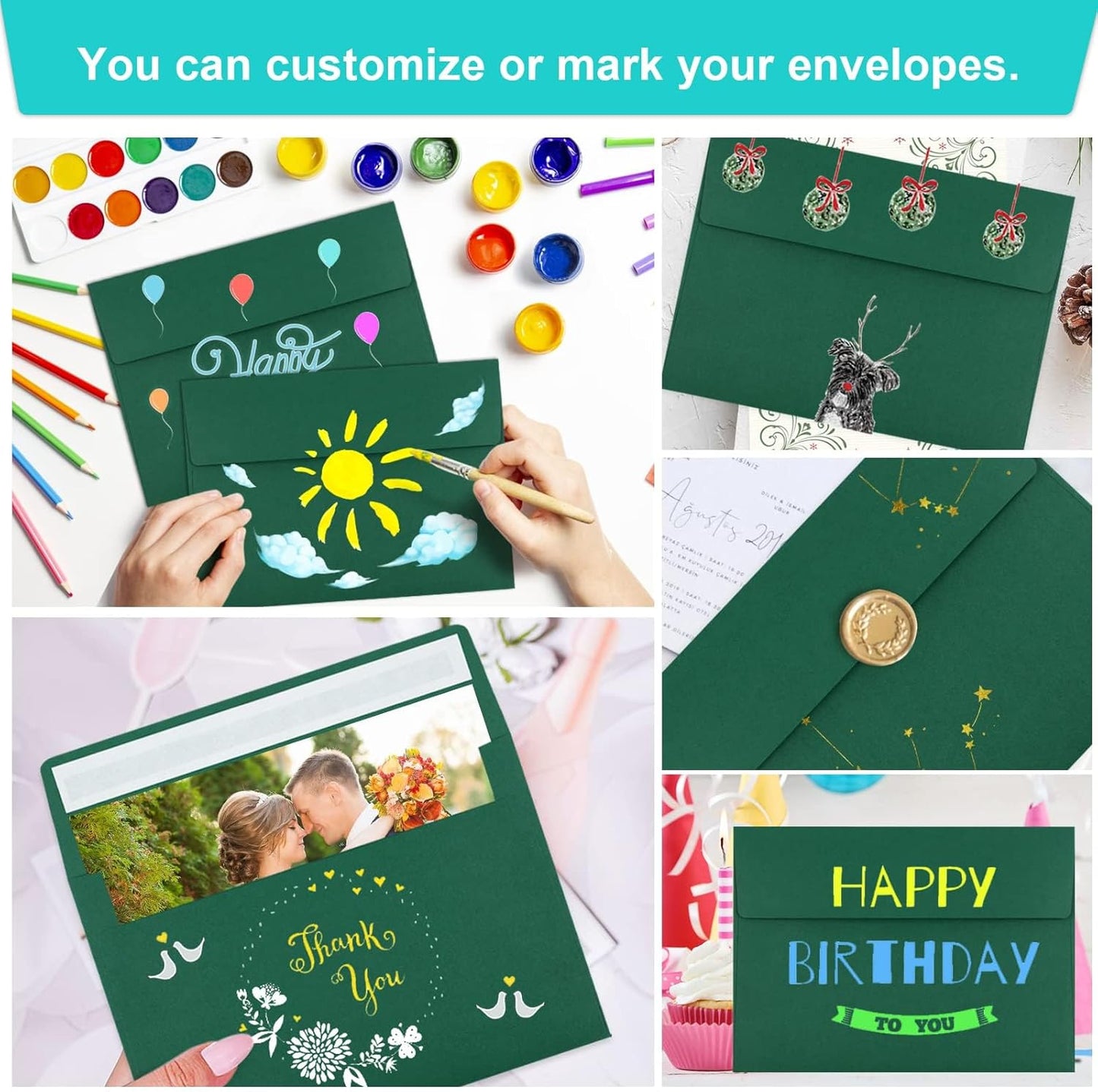 65 Pack Dark Green Self Seal Envelopes - A4, 4x6 Sizes for Invitations, Weddings, Photos, Greeting Cards & Mailing