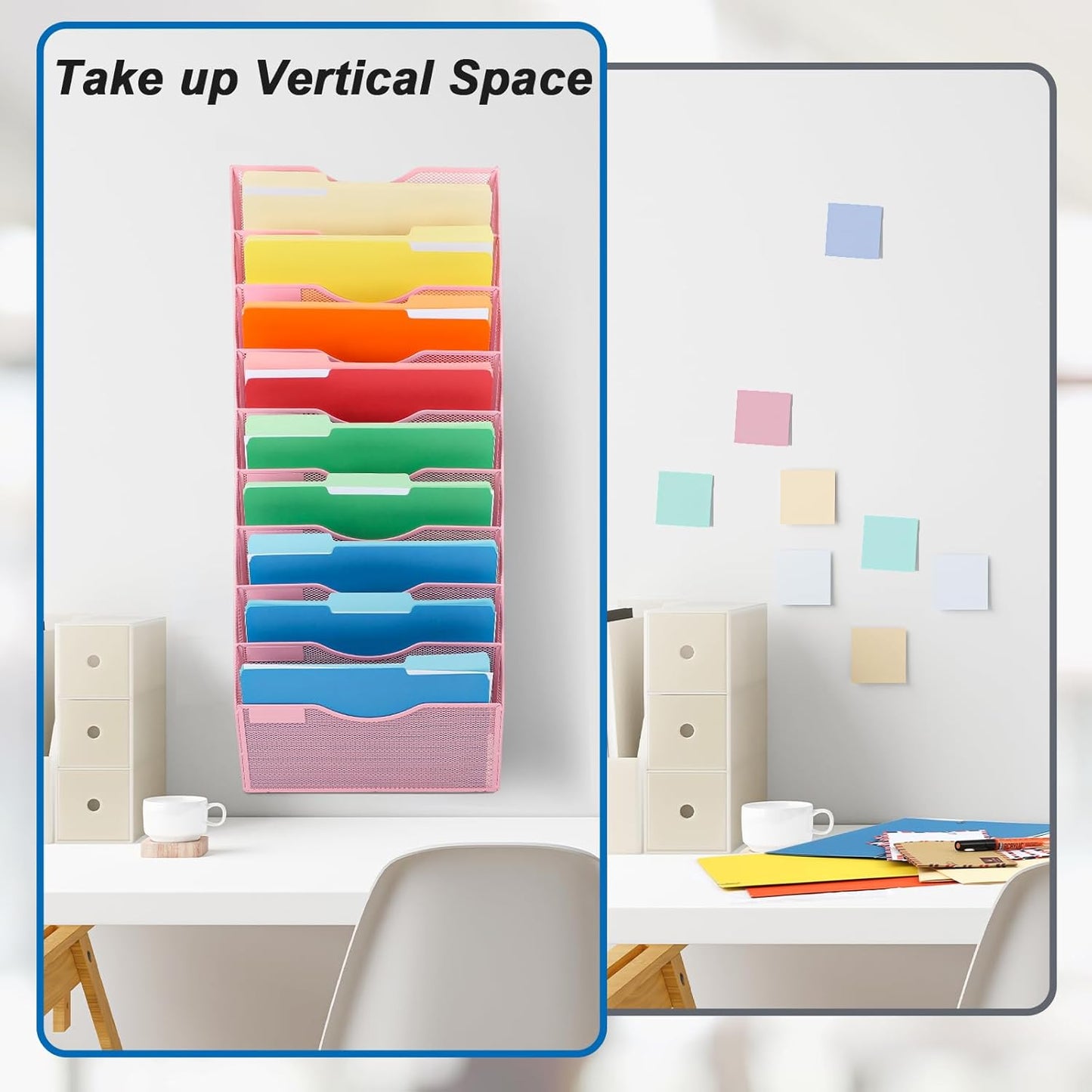 EASEPRES 10 Pocket Mesh Hanging Wall File Organizer, Wall Mounted Mail Paper Document Folder Holder, Clipboard Storage Organization Magazine Rack with Nametag Label for Office Home School, Pink