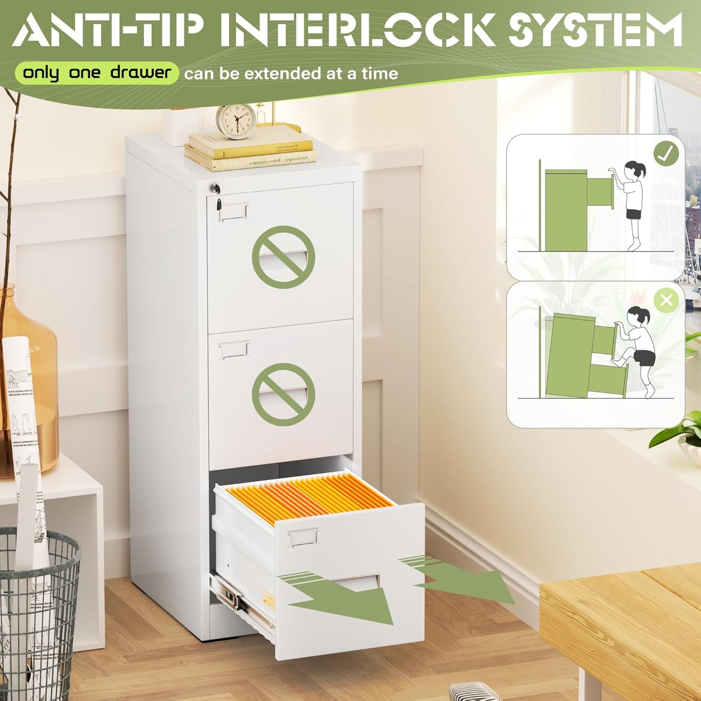 Crownland Lateral File Cabinet with 3 Drawers, 15" W Metal Lockable Office File Cabinets for Home Office- Stores Letter/Legal/A4/F4 Files(White)