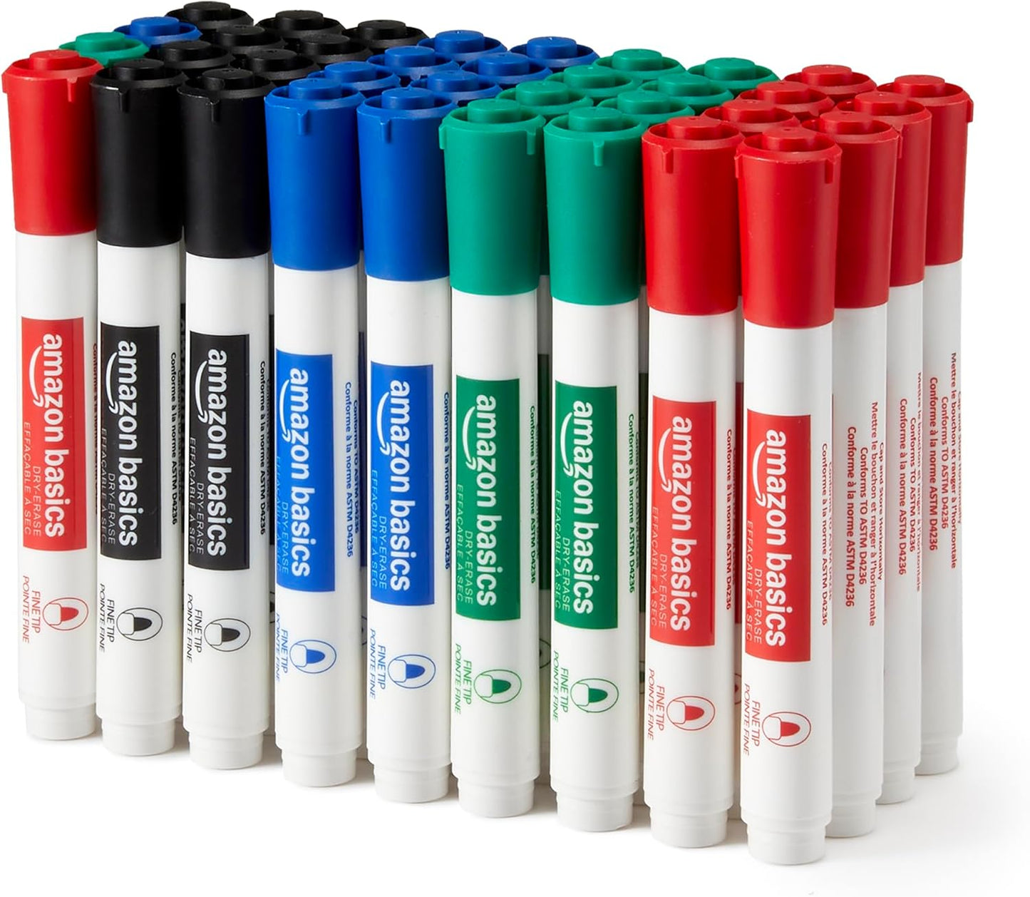 Amazon Basics Low-Odor Dry Erase Whiteboard Markers, Fine Tip, 4 Assorted Colors, 36 Count