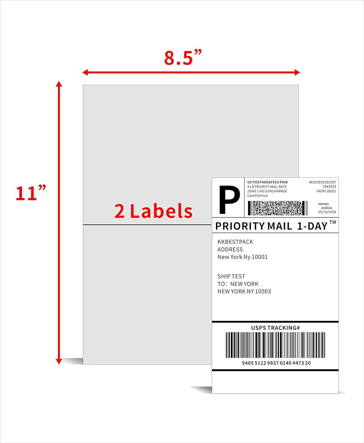 KKBESTPACK Half Sheet Shipping Labels for Laser and Inkjet Printers – 2 Per Page Self Adhesive Mailing Labels for Packages – White 8.5 x 5.5 Postage Labels for Shipping Boxes (500 Labels) (KK2LP)