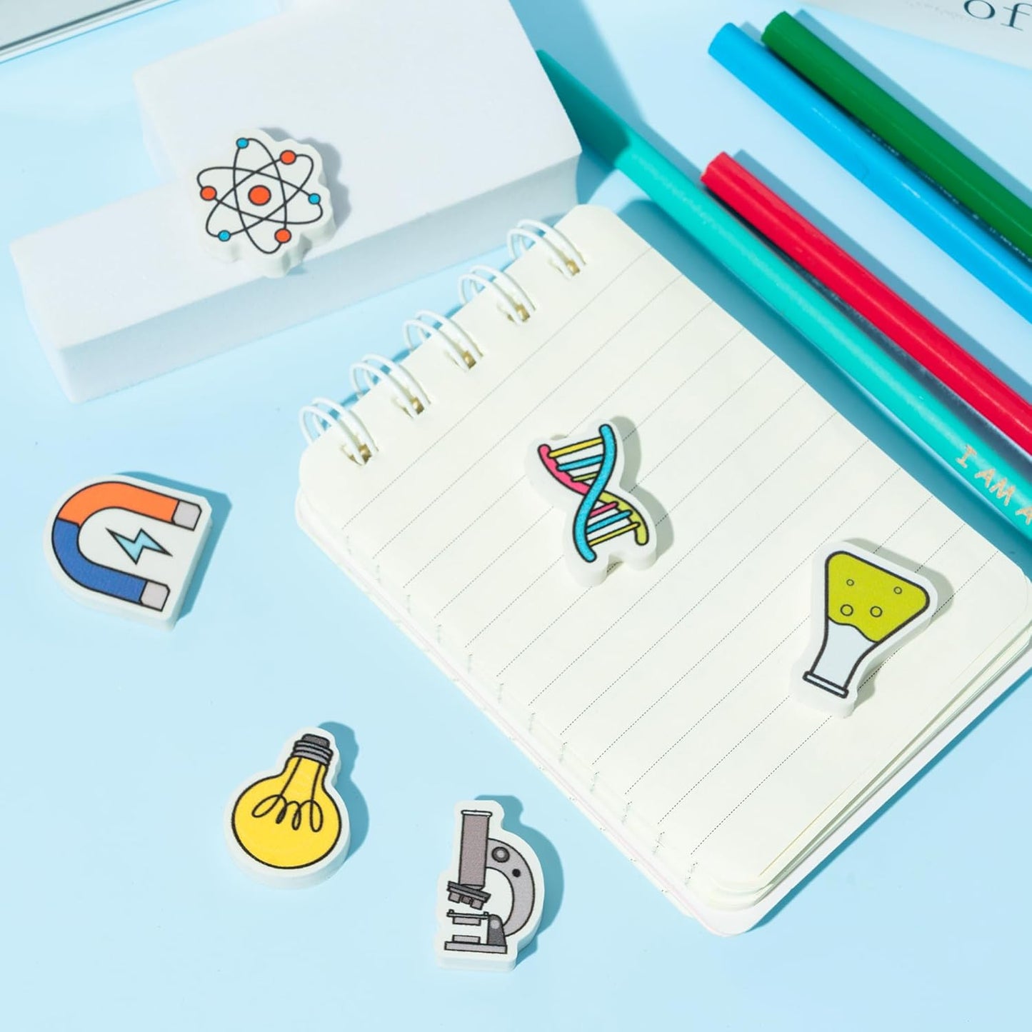 ANGOLIO Science Mini Eraser - 60P Summer Back to School for Kids Bulk Novelty Including microscopes U Shaped Magnets Lamp Bulb Pattern Pencil Eraser for Student Homework Summer Reward Classroom Prizes