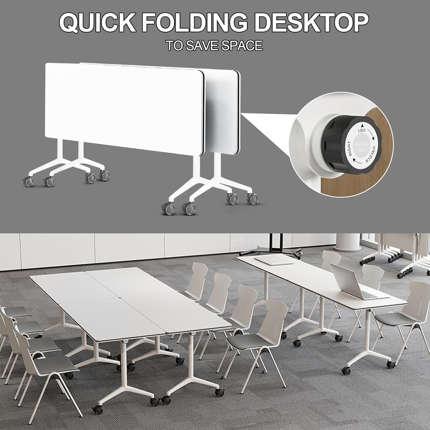 Folding Conference Room Tables 6 Pack, Foldable Modern Mobile Meeting Table Desk Training Table 6FT Large Rolling OfficeTable for Conference Training Classroom (6, 55" * 23.6" * 29.5")