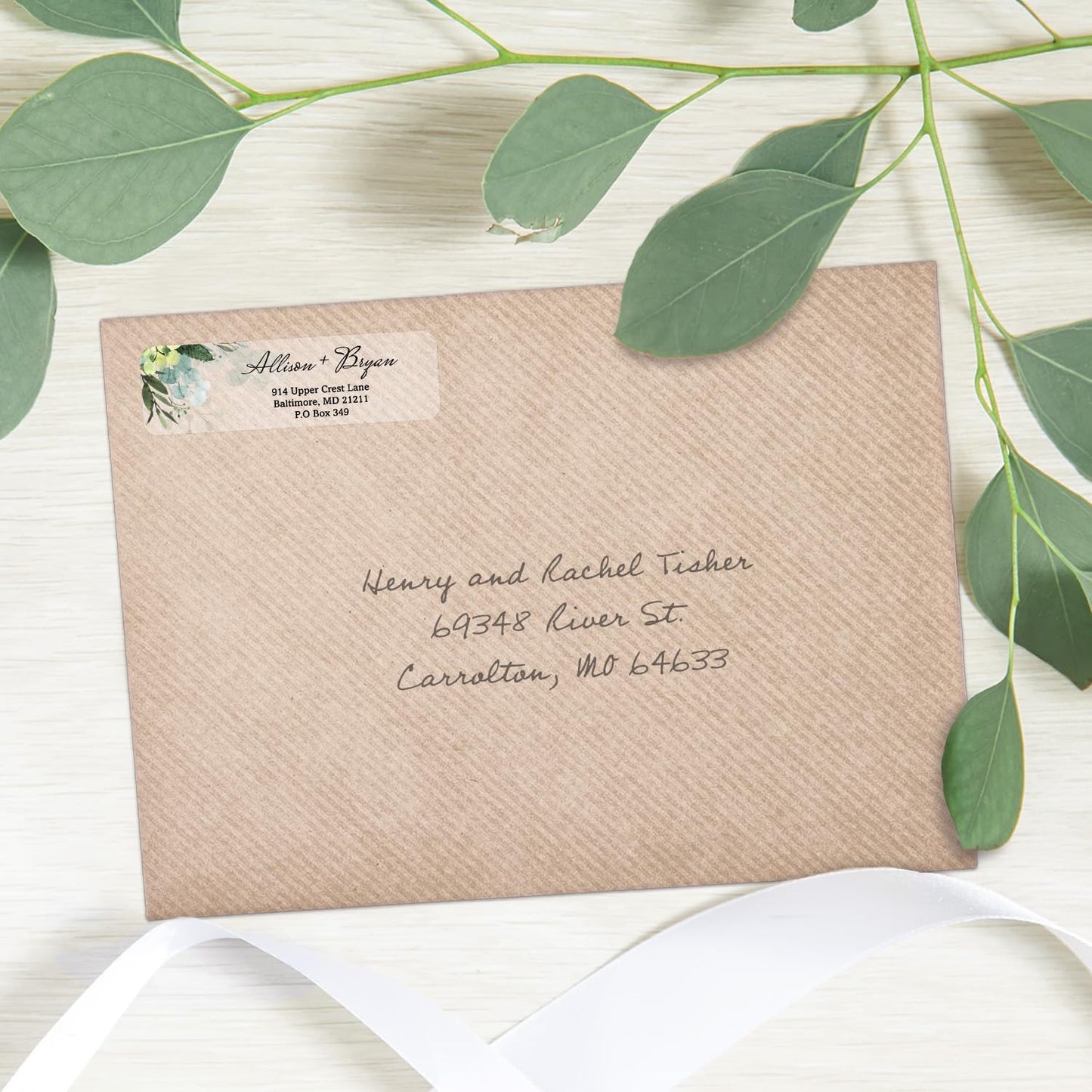 Clear Floral Greenery Rolled Address Labels / 250 Personalized Return Address Labels/Custom Address Stickers in Elegant Plastic Dispenser
