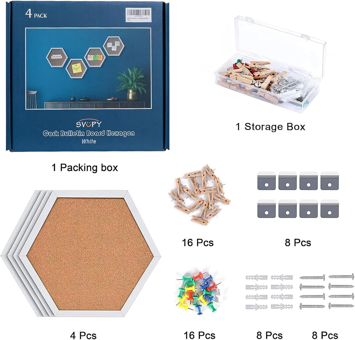 Cork Bulletin Board Hexagon White, Small Framed Corkboard Tiles for Wall, Thick Decorative Display Boards for Home Office Decor, School Message Board (4 Pack)