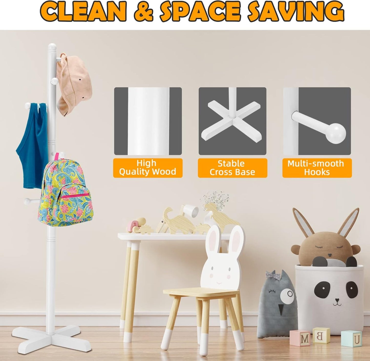 Kids Coat Rack, Freestanding Coat Racks with 8 Hooks 2 Adjustable Height, Tree Coat Rack for Bedroom, Hallway, Entrance, Office, Hats, Handbags,Purse (White)