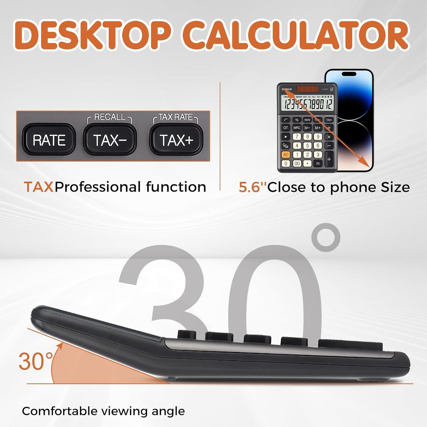 Pendancy Office Small Calculator Desktop with Tax+/- for Tax Calculation, 12 Digit Large LCD Display, Solar Battery Power, Durable Portable Design, Financial Accounting Business Home Use(OS-200T-Gray)