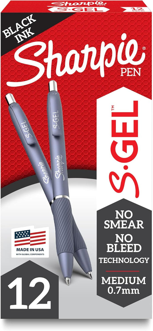Sharpie S-Gel Gel Pens, Blue Barrel, Medium Point (0.7mm), Black Gel Ink Pens, 12 Count - Home, Office, School, Journaling, Writing, Note-Taking, Teacher Supplies