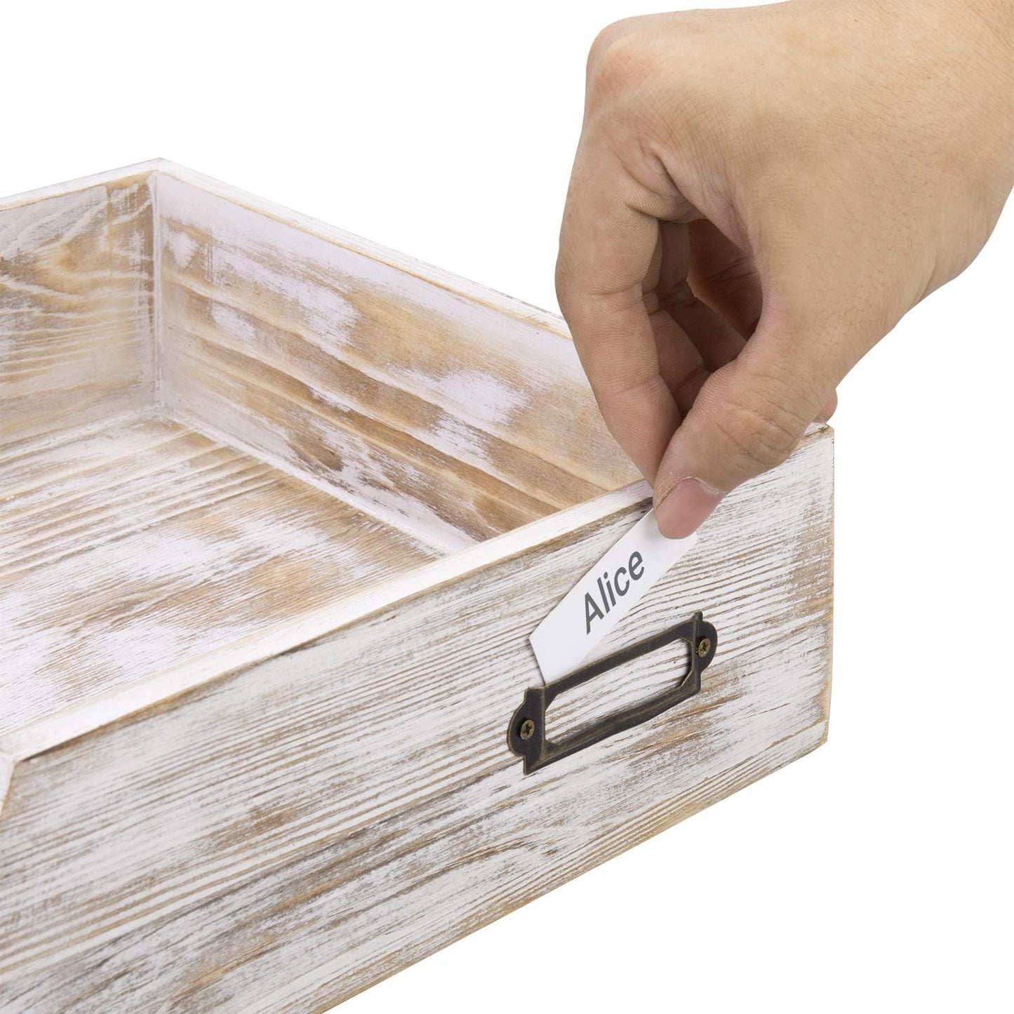 MyGift Rustic White Desktop Letter Tray - Shabby Whitewashed Wood Inbox Holder, Desk Paper File Folder Organizer Box with Metal Label