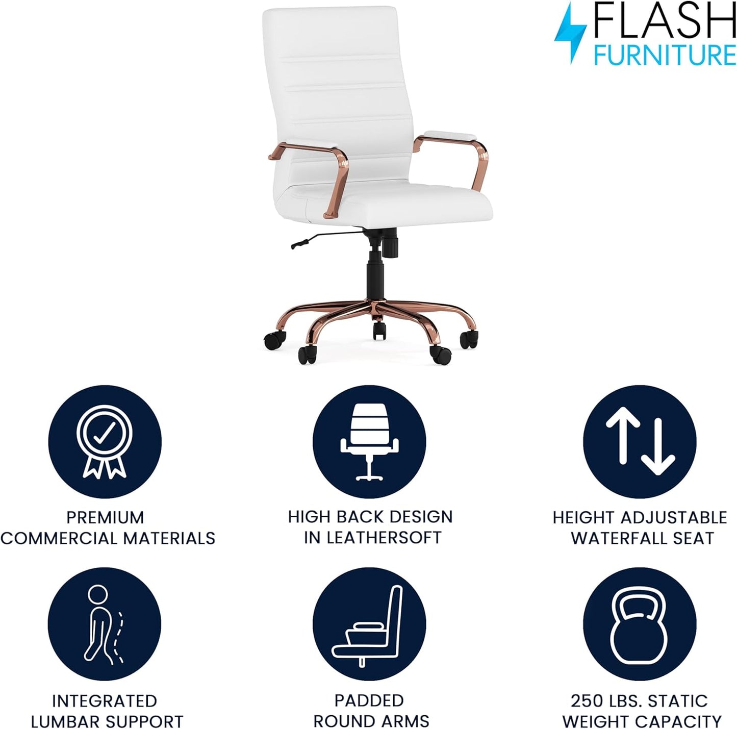 Flash Furniture Whitney High-Back Swivel LeatherSoft Desk Chair with Padded Seat and Armrests, Adjustable Height Padded LeatherSoft Office Chair, White/Rose Gold