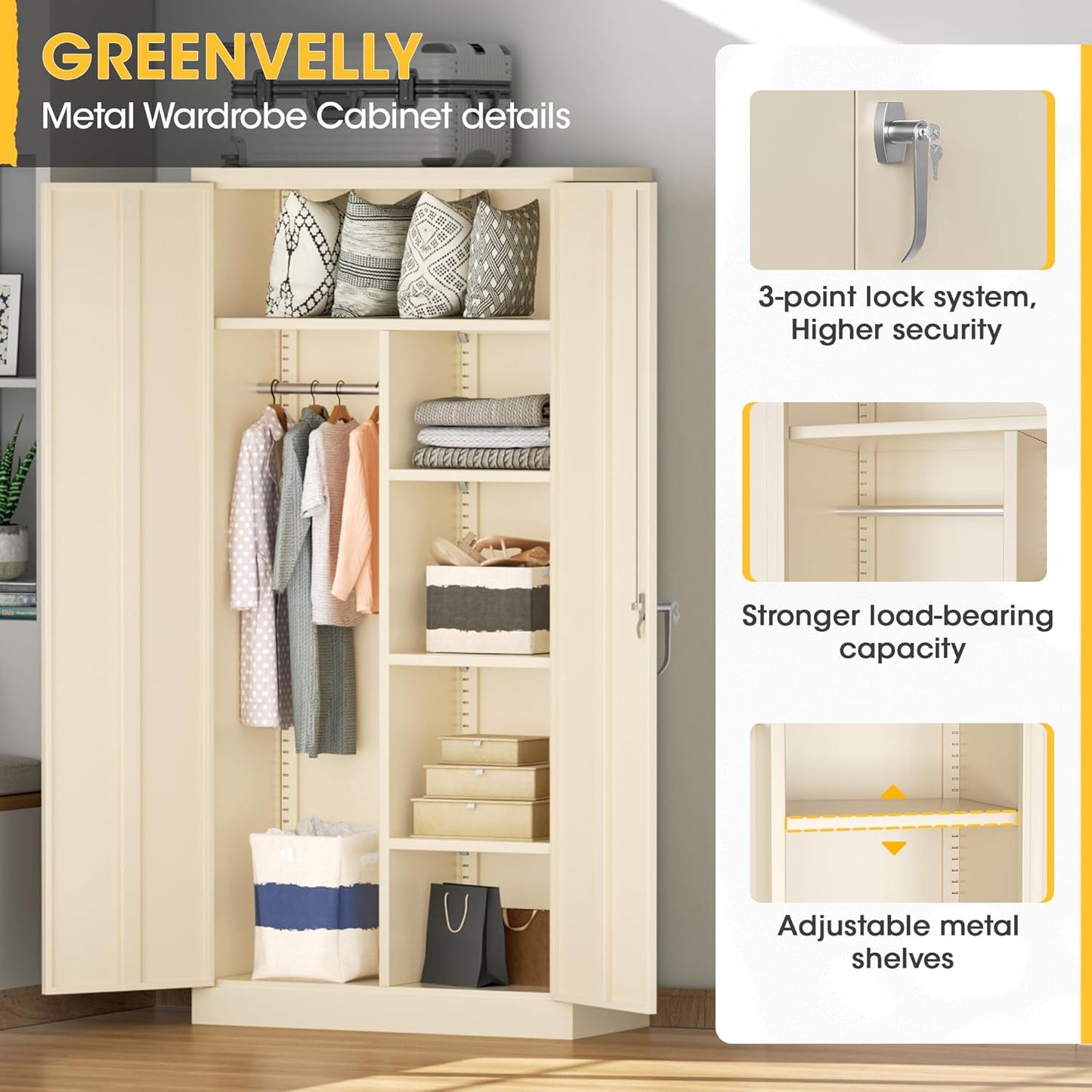 Greenvelly Metal Storage Wardrobe Cabinet with Lock, 72" Grey Metal Wardrobe Closet for Hanging Clothes with Doors and Shelves, Modern Clothes Closet for Home, Office and Bedroom, School,Gym