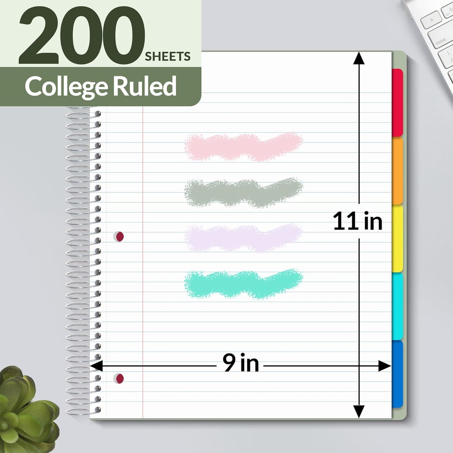 SUNEE 5 Subject Notebook College Ruled - 400 Pages, 9"x11", 5 Pocket Colored Dividers, 3-Hole Punched Paper, Sage Green