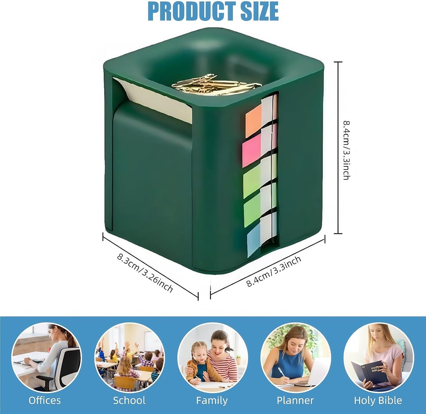 5 in 1 Sticky Note Dispenser for Desk with Pop Up Sticky Note, Sticky Rolls , Sticky Tabs , Magnetic Paper Clip Holder, Multifunctional Cube Sticky Note Holder Desk organizer(Green)
