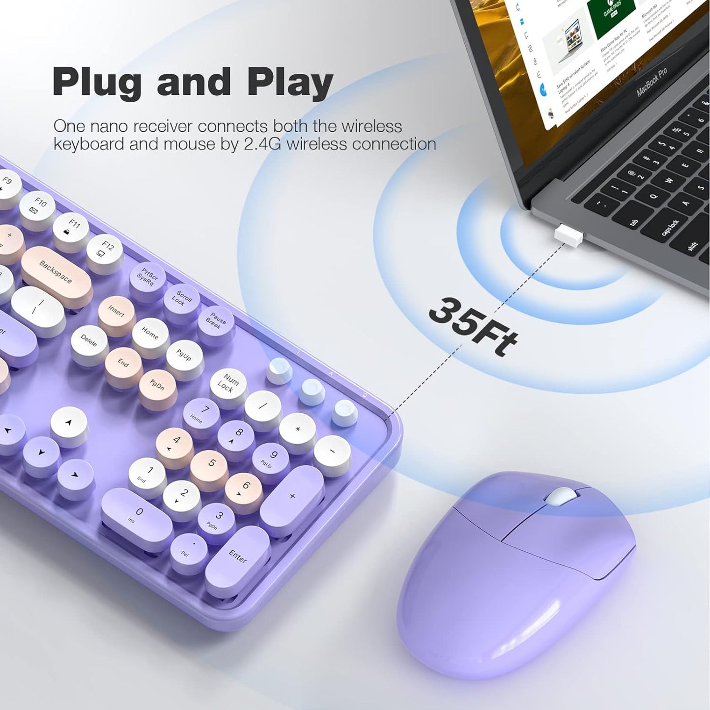MOFII Wireless Keyboard and Mouse Combo Purple Colorful Full Size Round Key Typewriter Keyboards, 2.4G USB Keyboard Mice with 2-1 Nano Dongle for Computer Laptop PC Desktop Chromebook Smart TV