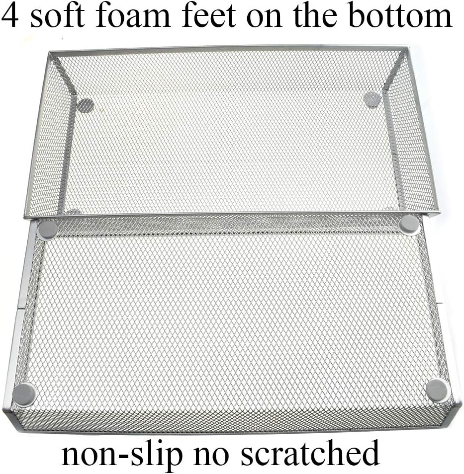 HAHIYO Stackable Mesh Tray Cup 12 x 6 x 2 inches Sturdy Container for Desk Drawer Organizer Collection for Home Office School kitchen Soft Foam Feet No Sharp Edges 1 Pack Silver