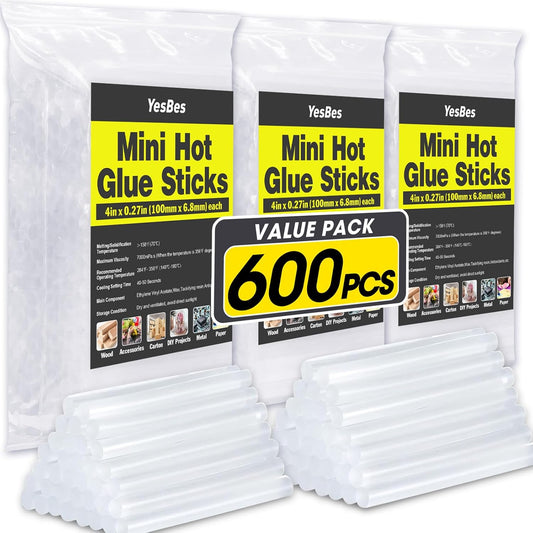 600 Pack Mini Hot Glue Sticks, 4" Long x 0.27" Diameter Glue Sticks for Glue Gun, Perfect Fit for Mini Glue Guns, Widely Used in Wood, Metal, Glass, Plastic, Floral, Fabric, Leather, Foam