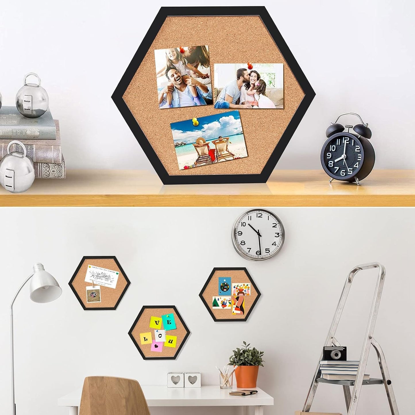 Cork Bulletin Board Hexagon Black, Small Framed Corkboard Tiles for Wall, Thick Decorative Display Boards for Home Office Decor, School Message Board with 16 Push Pin Wood Clips (4 Pack)