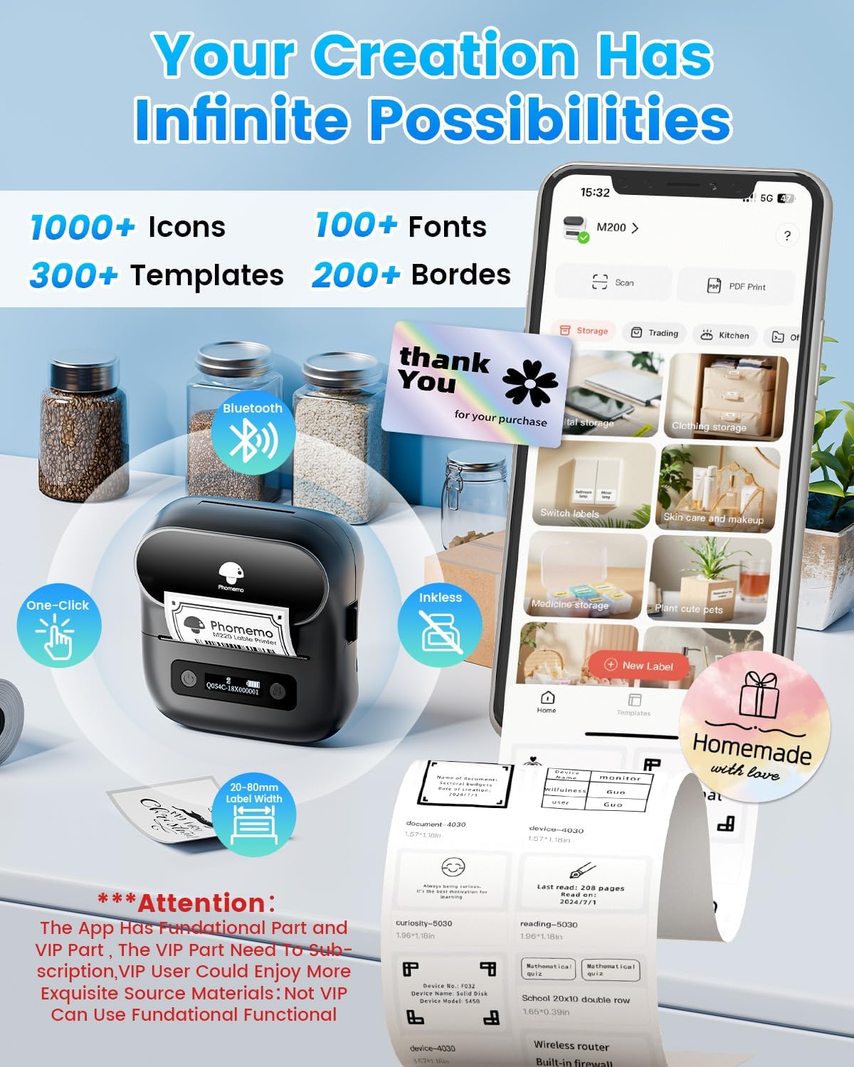 Phomemo Label Maker, M220 Thermal Label Printer, 80mm Portable Bluetooth Barcode Printer Compatible with Andriod/iOS for Home, Office, Small Business, with 3 Packs Label & Case