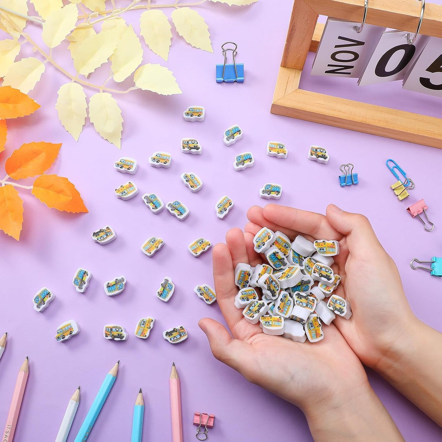 PerKoop 60 Pcs Mini Erasers for Kids Cute School Bus Erasers Bulk Welcome Back to School Gifts for Students Classroom Rewards Prizes Party Favors