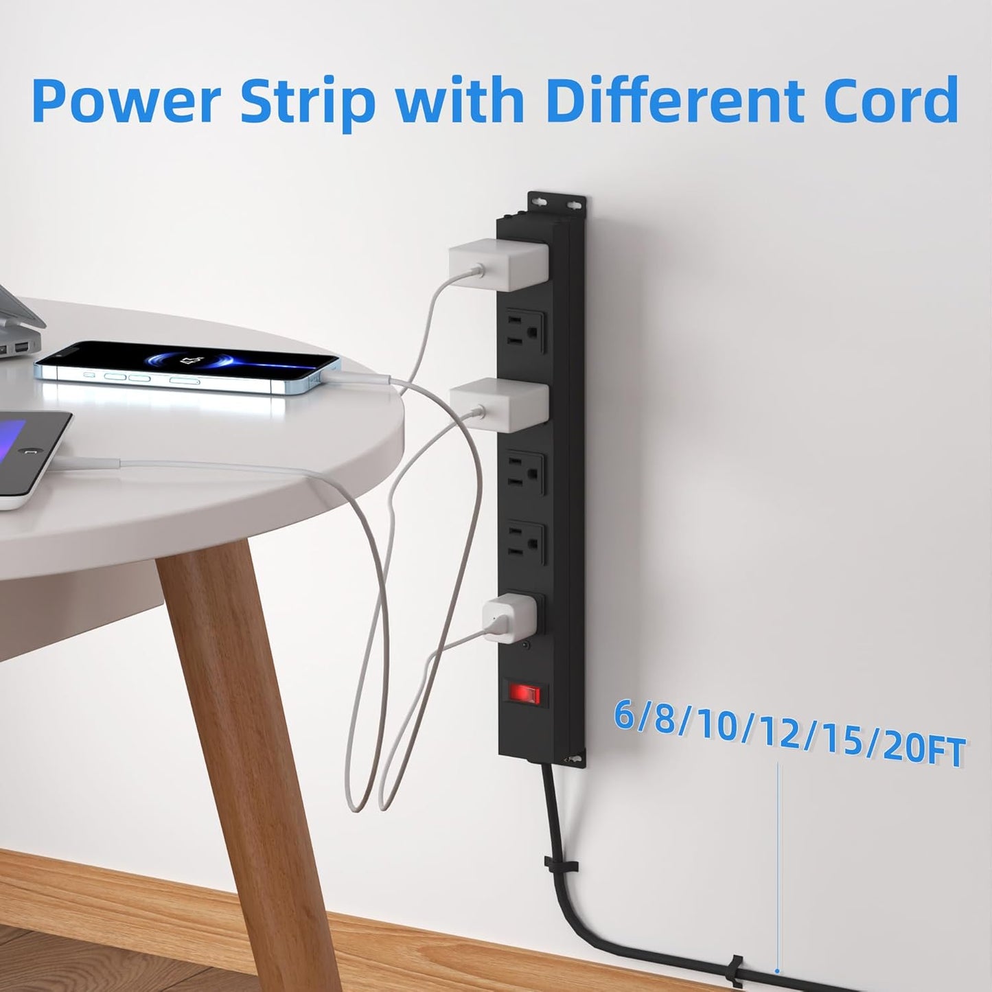 6 Outlet Power Strip with Wide Spaced and 10FT Power Cord,Wall Mount Metal Industrial Power Strip Heavy Duty for Commercial,Garage,School and Home,15A 125V 1875W,Black(10FT)