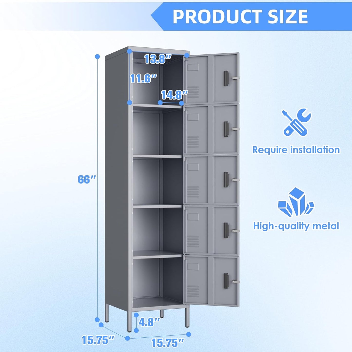 Metal Locker with Lock and Ventilation Holes,Metal Storage Locker with Business Card Slof for Home,Gym,Garage,School,Office,66" H x 15.8" W x 15.8" D Assembly Required,Dark Grey