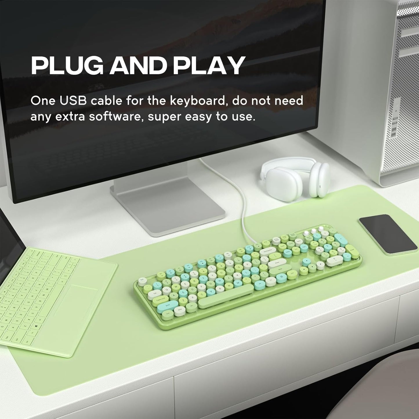 Wired Keyboard, 104 Keys Full-Sized Typewriter Keyboards, USB Plug Play Office Keyboard with Number Pad, Caps Indicators, Foldable Stands for Windows, PC, Laptop, Desktop (Green Colorful)