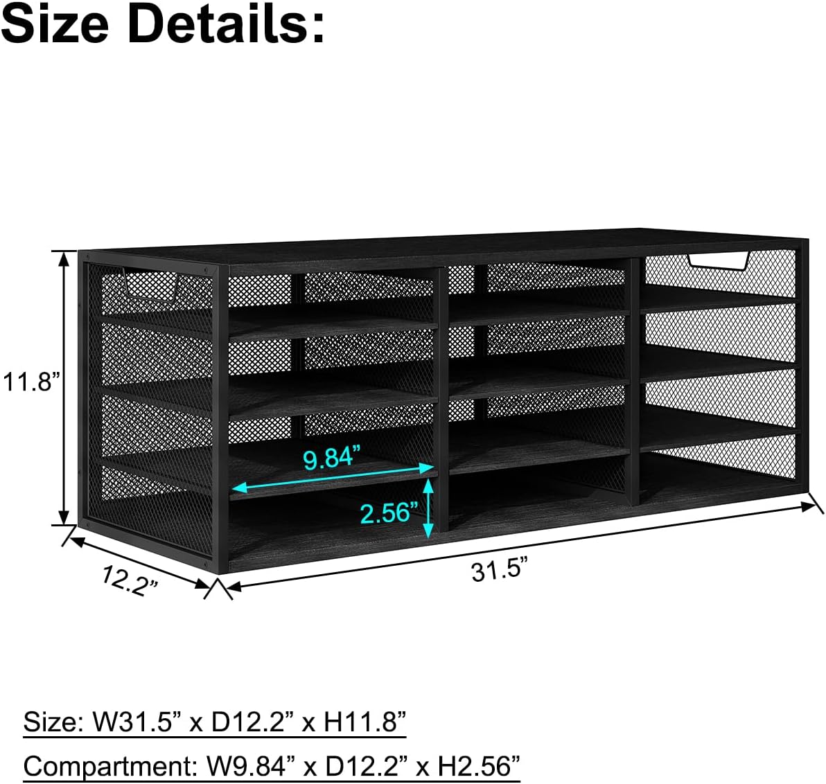Mail Sorter Adjustable Countertop Heavy Duty Literature Organizer Student Mailbox for Classroom Desktop Bill Paper Holder Rack for Office Home School, 12 Compartments, Black