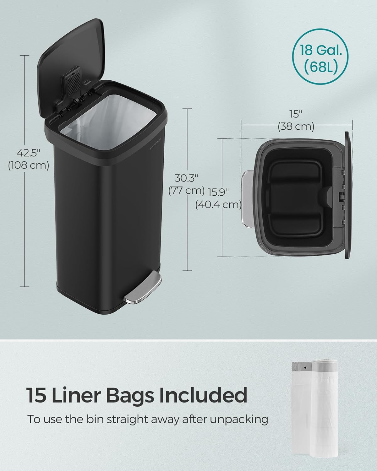 SONGMICS Kitchen Trash Can, 18-Gallon Stainless Steel Garbage Can, with Stay-Open Lid and Step-on Pedal, Soft Closure, Tall, Large and Space-Saving, Black ULTB520B68