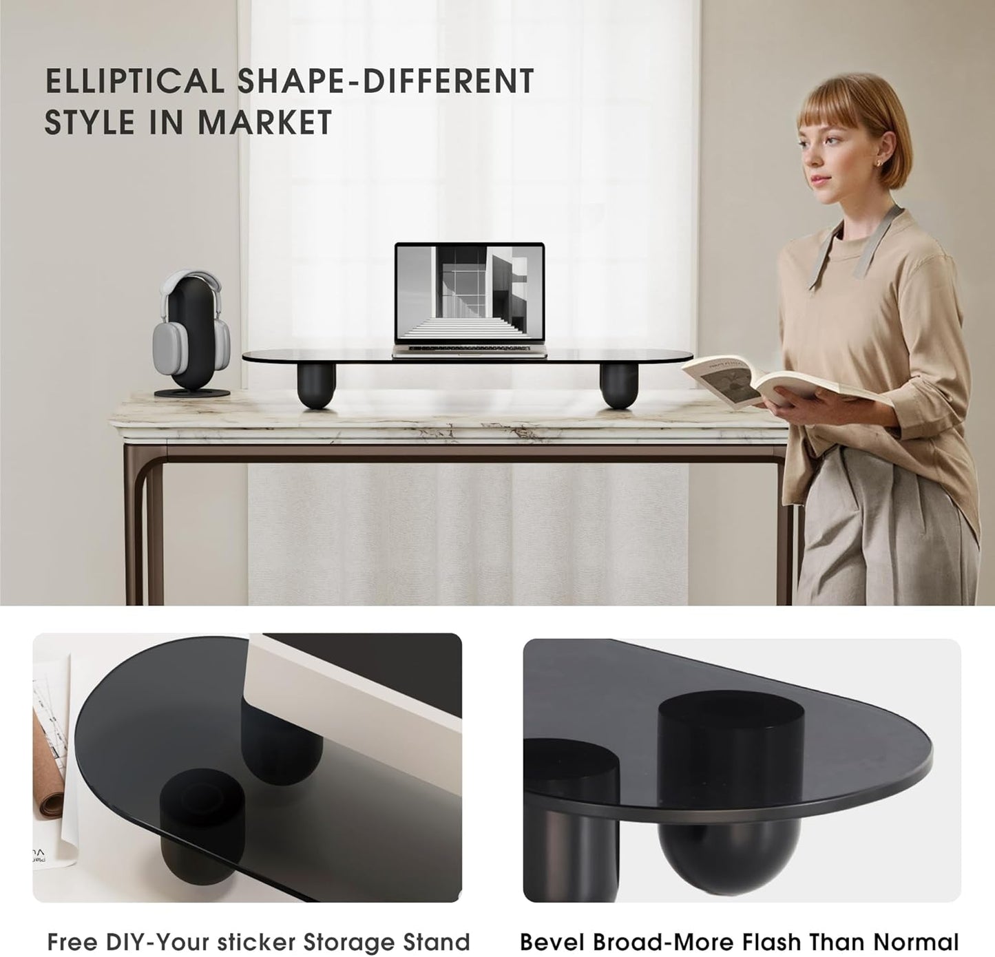 Fenge Monitor Stand Riser, 34 Inch Dual Monitor Riser for Large Monitors, Desk Organizer with Glass Shelf & Solid Wood Legs, Computer Stand for Laptop, TV, PC, Printer, Black