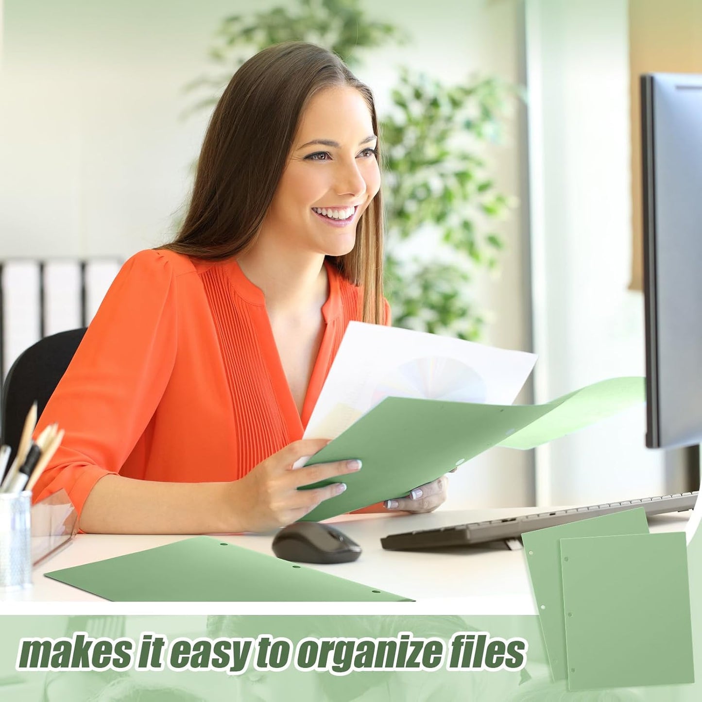 Yeaqee 50 Pcs Plastic Folders with Pockets Bulk 3 Hole Punched 2 Pocket File Folders for 3 Ring Binder Divider Folder for Notebooks, Durable Poly for Office Home (Sage Green)