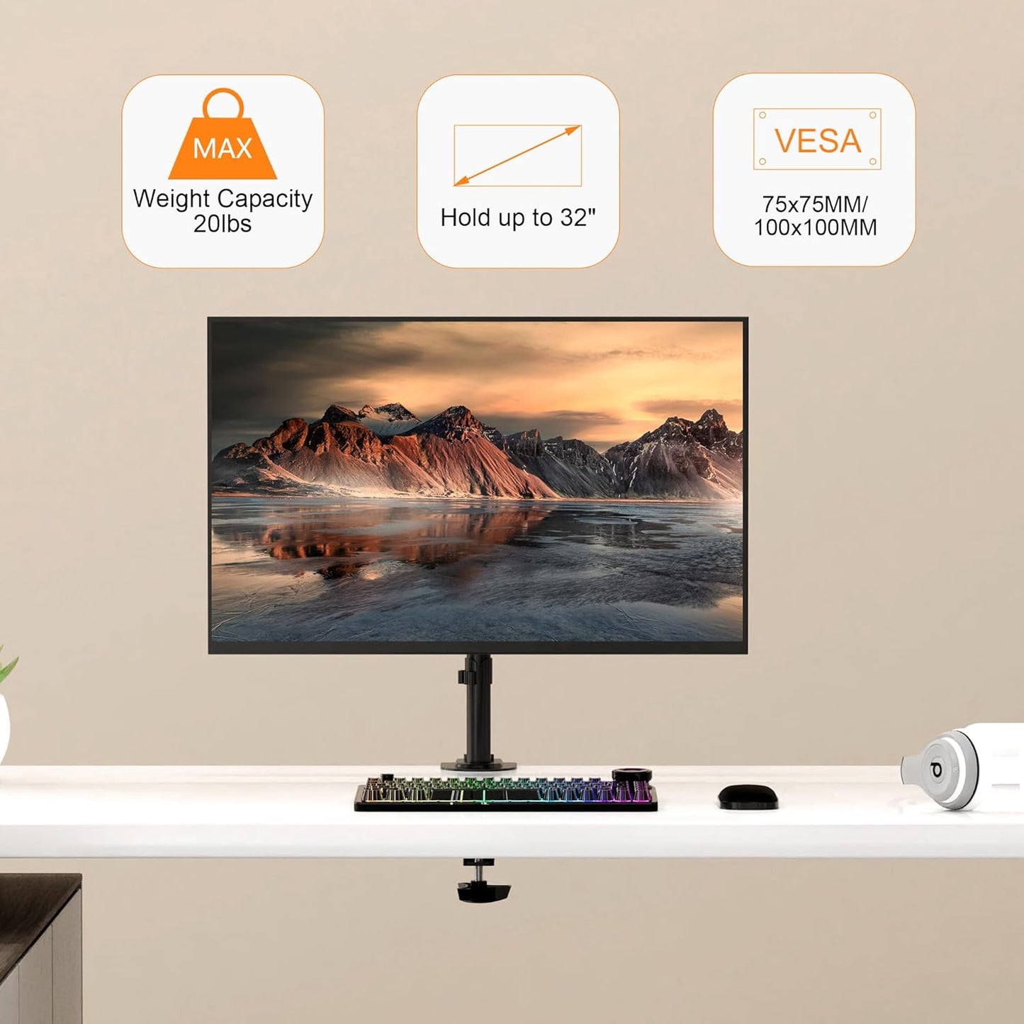 Pholiten Single Monitor Stand, Heavy Duty Adjustable Monitor Arm Desk Mount for 13-32Inch, Tilt, Swivel, Rotate, Support 22 lbs,Black