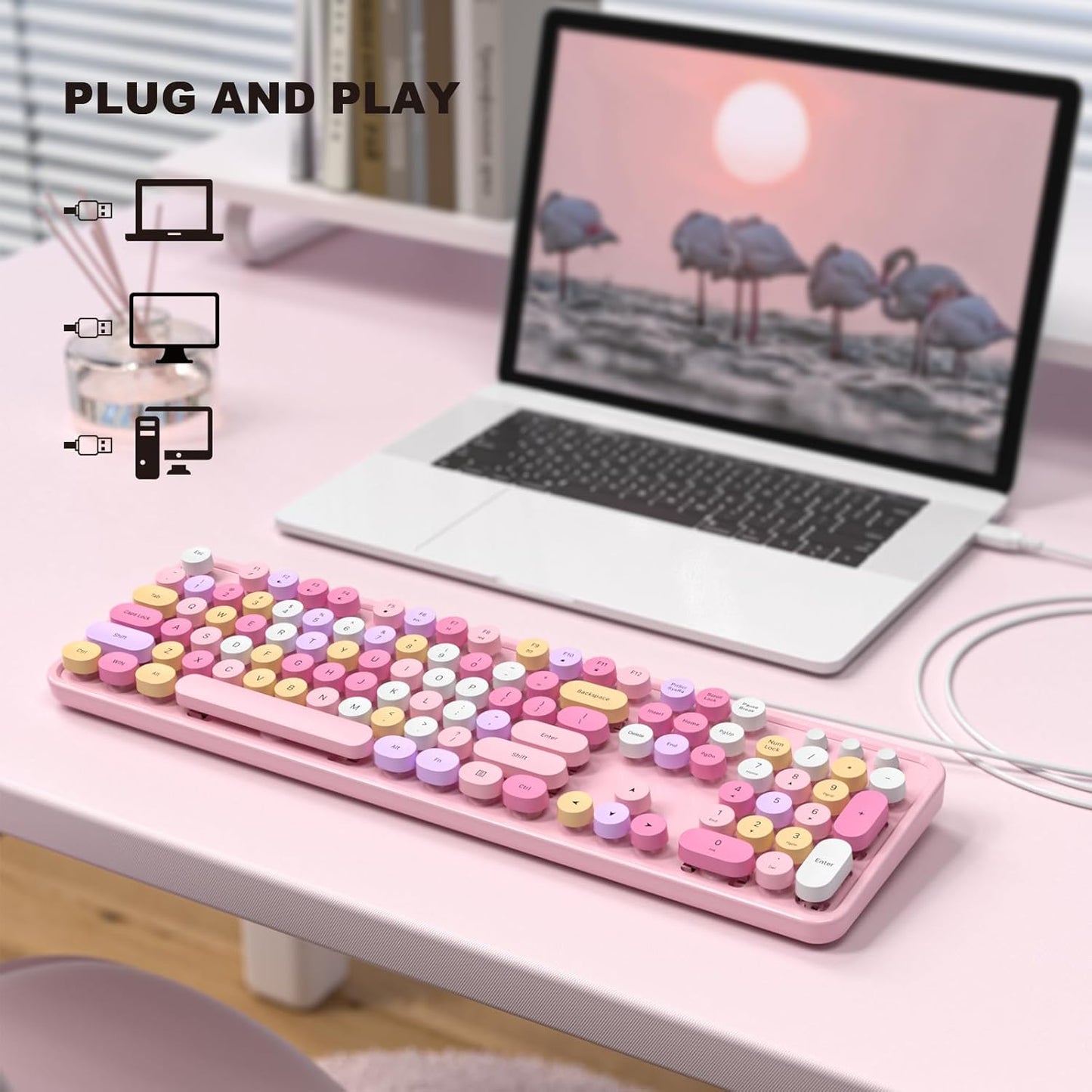 MOFII Wired Full Size USB Keyboard, Colorful Retro Round Typewriter Keyboard with Foldable Stands for Windows PC Laptop (Pale Pink)
