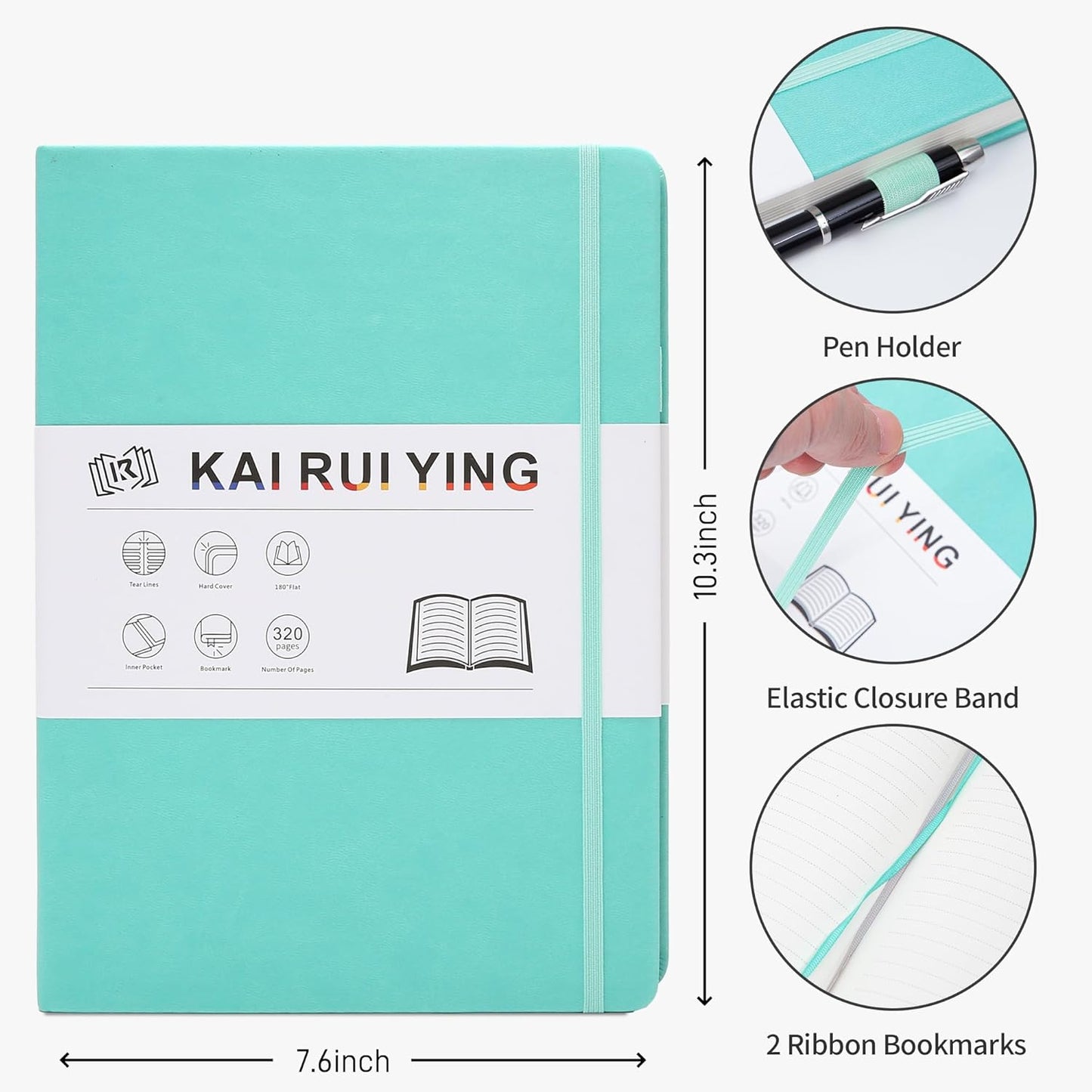 KaiRuiYing Lined Journal Notebook with Pen Holder, 320 Pages, 7.6'' × 10.3'' Large Size B5-100 GSM Thick Paper, for Writing, Work, Office, Leather Hardcover