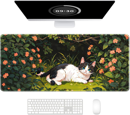 Auhoahsil Large Mouse Pad, XXL Gaming Mousepad, Desk Mat for Desktop, Thick Rubber, Big & Long Size, Stitched Edges, Full Desk Pad for Laptop & Computer, Extended 35.4 x 15.7 in, Cat Shrubbery