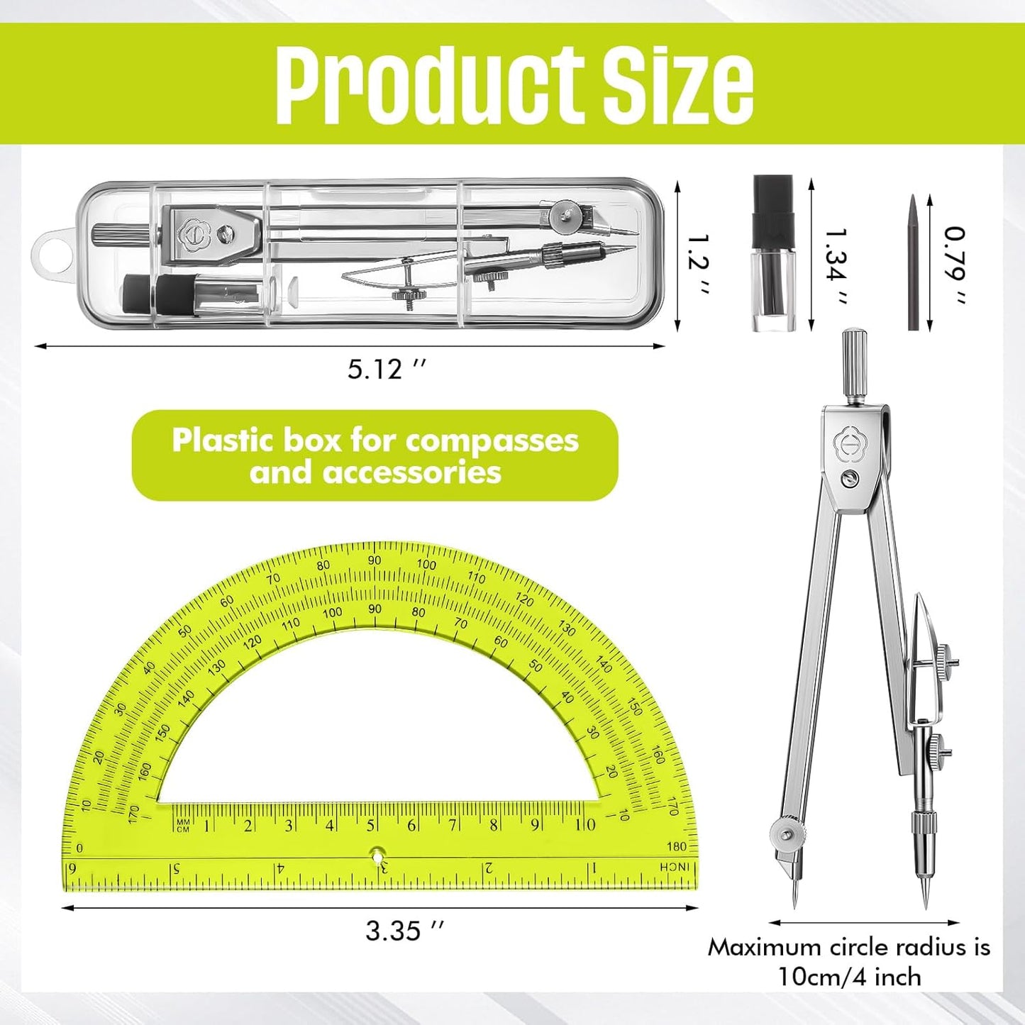 EBOOT Student Geometry Math Set, Drawing Compass and 6 Inch Swing Arm Protractor 180 Degree Math Protractor(Yellow)