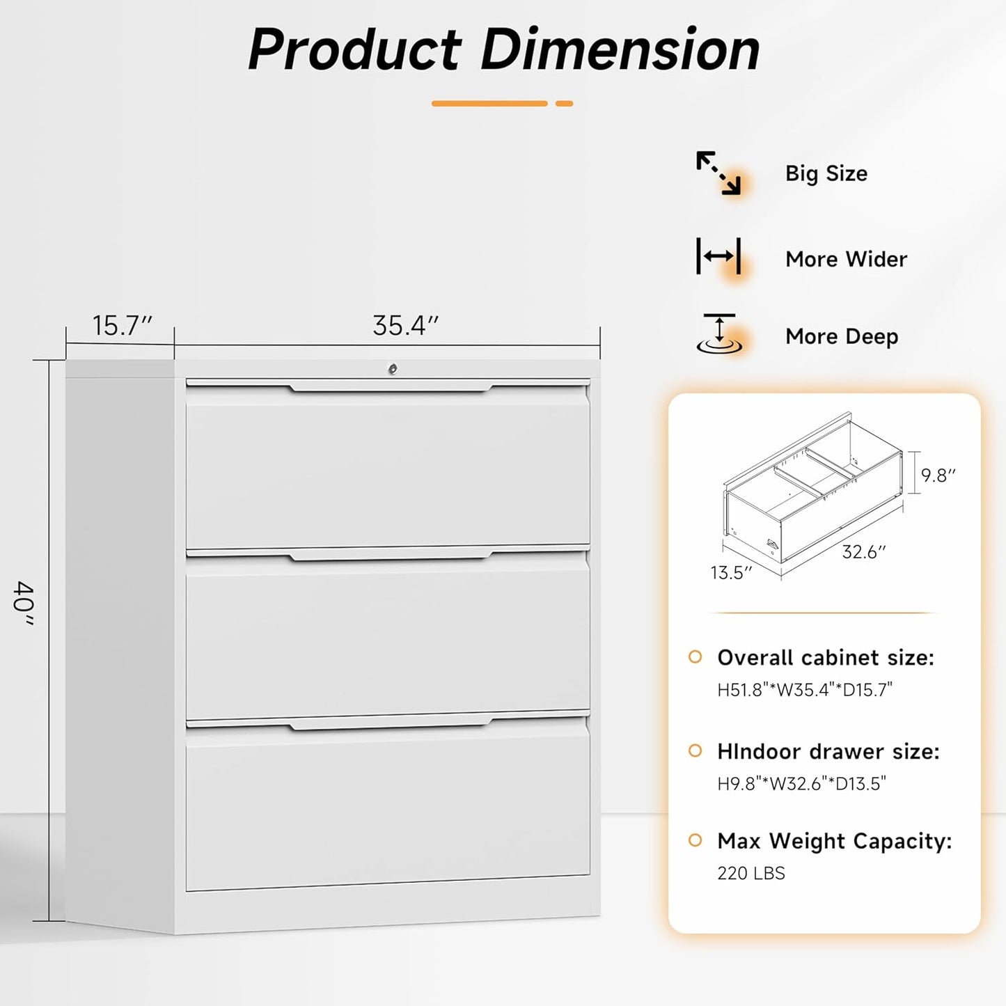 Bestoo Lateral File Cabinet with Lock, 3 Drawer Lateral Filing Cabinet for Office Home, Locking Metal Steel Wide for Hanging Files Letter/Legal/F4/A4 Size, Easy Assemble White