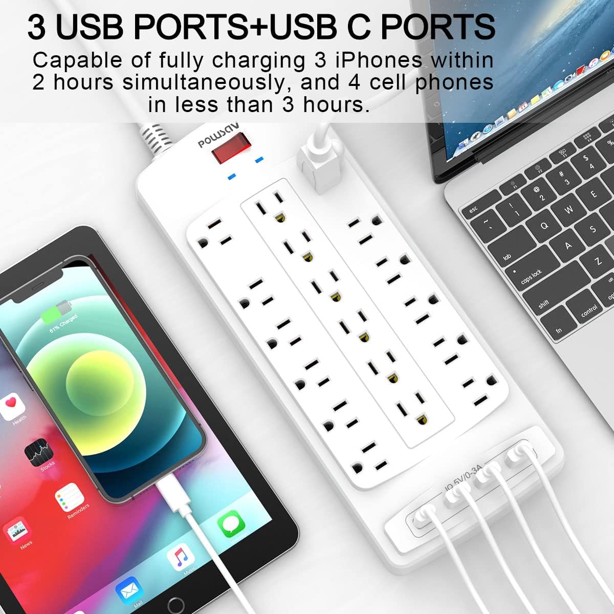 18 Outlets Surge Protector Power Strip - 20 Feet Flat Plug Heavy Duty Extension Cord with 18 Widely Outlets and 4 USB Ports, 2100 Joules, White, ETL Listed