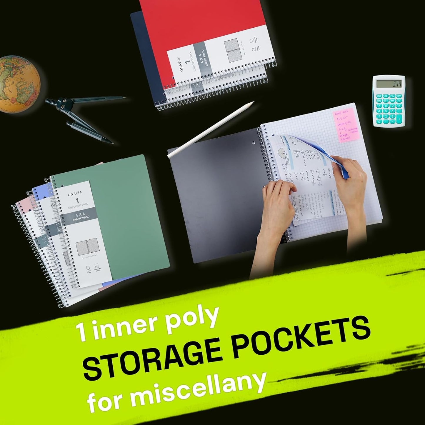 Spiral Notebook for School 3 Pack, 1 Subject, 4x4 Graph Ruled Paper, 100 Sheets, 9" x 11", 1 Divider with Pocket, 3 Hole Punched, Plastic Cover, 1/4" Grid Graphing Note Book Bulk, Prussian Blue