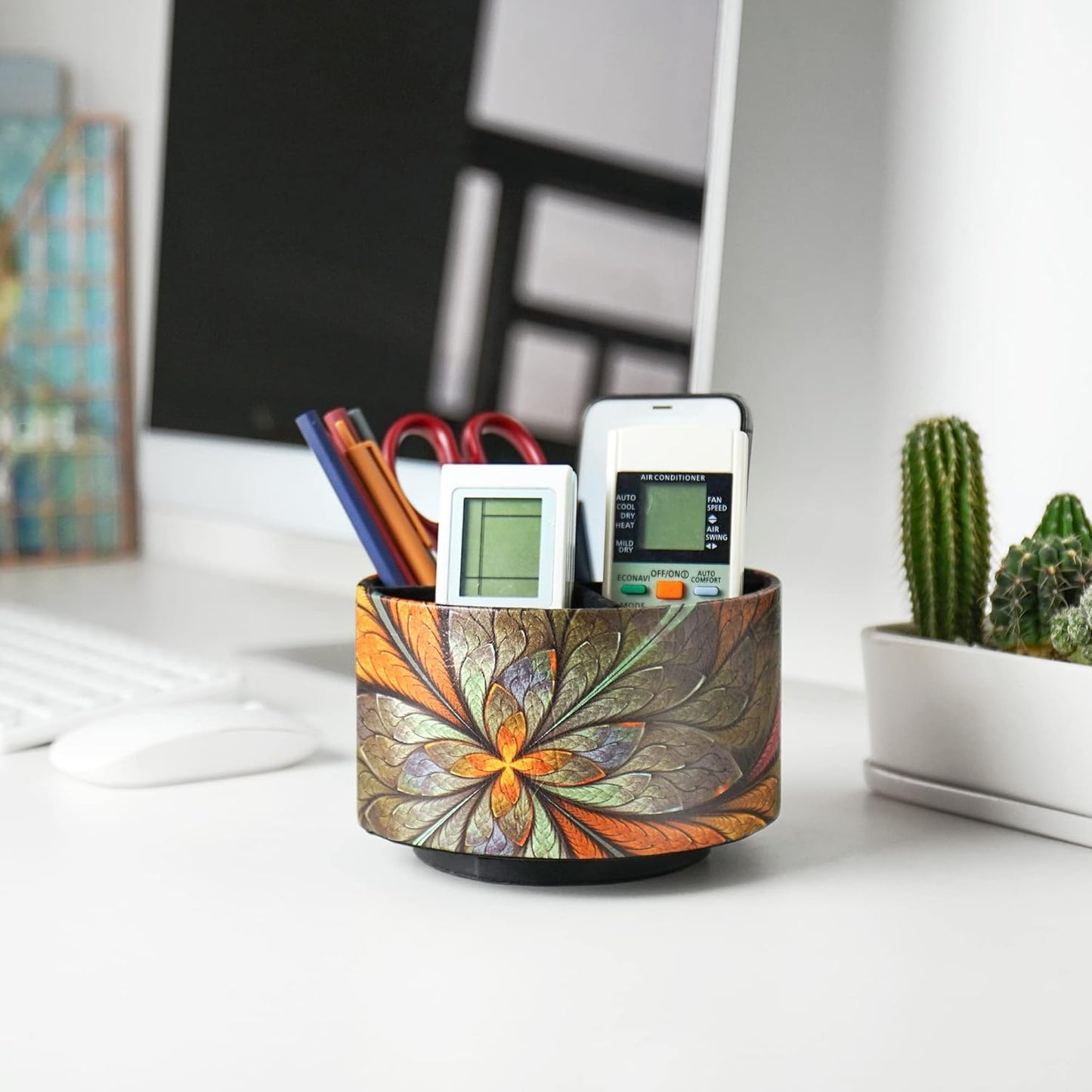 lizimandu Round Leather Art Supply Organizer,Remote Control Holder,360 Degree Rotating,Multi-Functional Pencil Holder,4 Compartments Desktop Stationary Organizer(1-Orange Flower)