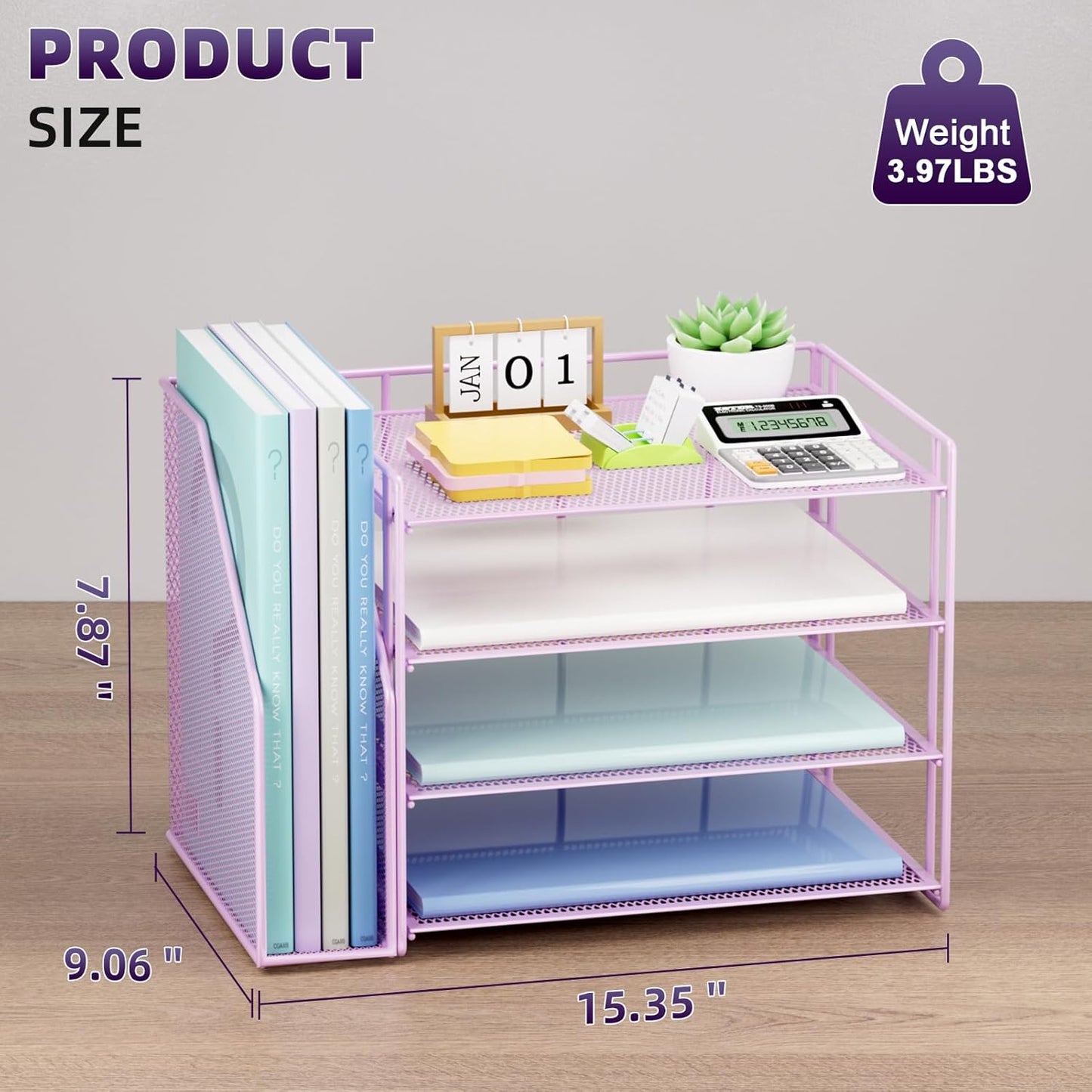 Marbrasse Desk Organizer and Accessories，4-Tier Paper Letter Tray Organizer with File Holder，Desk Accessories & Workspace Desktop Organizers for School Home Office Supplies (Purple)