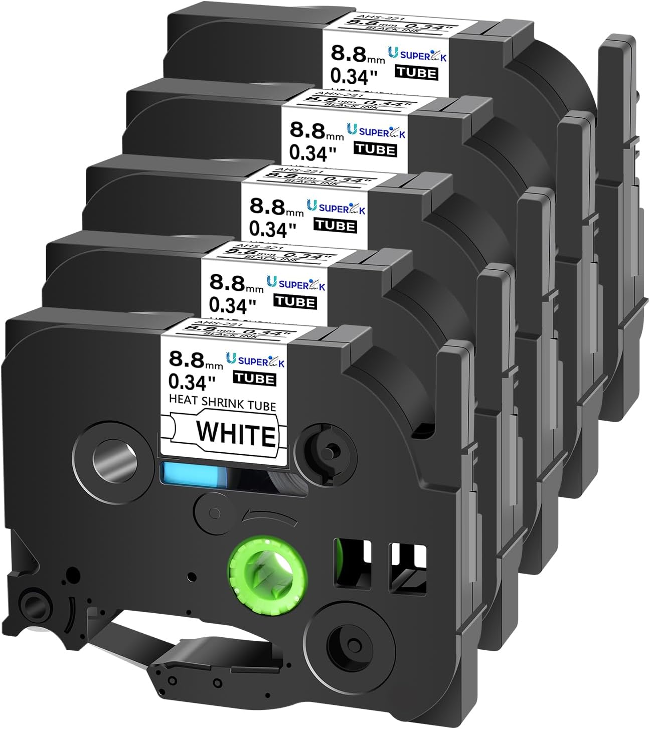 USUPERINK 5 PK Compatible for Brother Ptouch HSe-221 HSe221 HS-221 HS221 8.8mm Black on White Heat Shrink Tube Label Tape use in PT-D210 PT-D400 PT-E300 PT-E500 PT-P750WVP Label Maker (0.34''x 4.92ft)