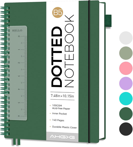AHGXG Bullet Dotted Journal - Dot Grid Spiral Notebook B5, 140 Pages, 100 GSM Thick Paper, Waterproof Plastic Cover Journals for Bullet Journaling, Sketching, 7.6" x 10", Green