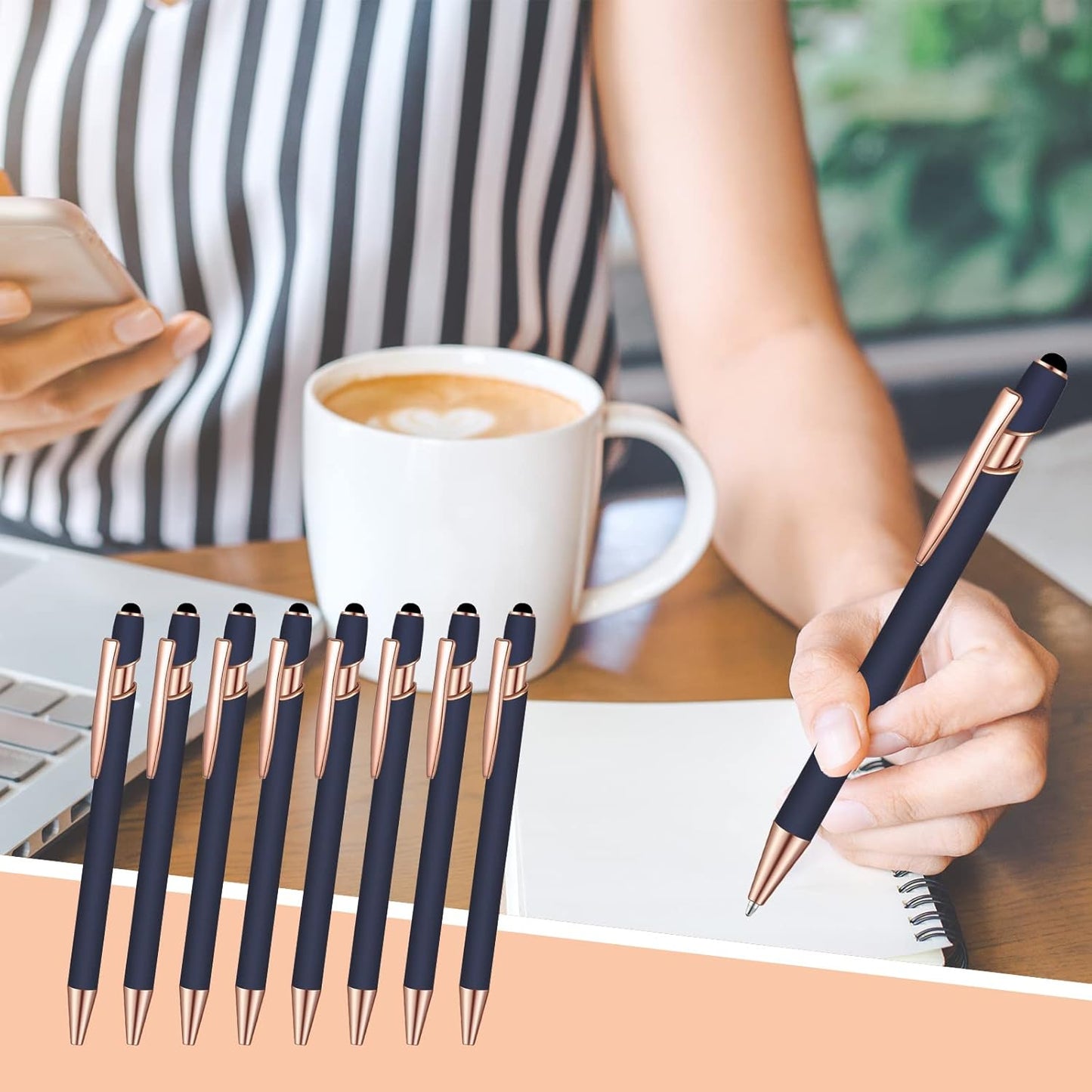 8 Pcs Blue Ink Ballpoint Pen with Stylus Tip 2 in 1 Stylus Ballpoint Pen Metal Pens Stylus Pen for Touch Screens School Office Coworkers (Blue Rose Gold)