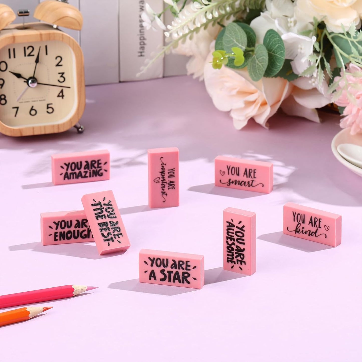 PerKoop 100 Pcs Pcs Inspirational Pink Erasers Bulk Small Motivational Block Pencil Erasers Back to School Gifts for Classroom Students Teachers Office Stationery Supplies