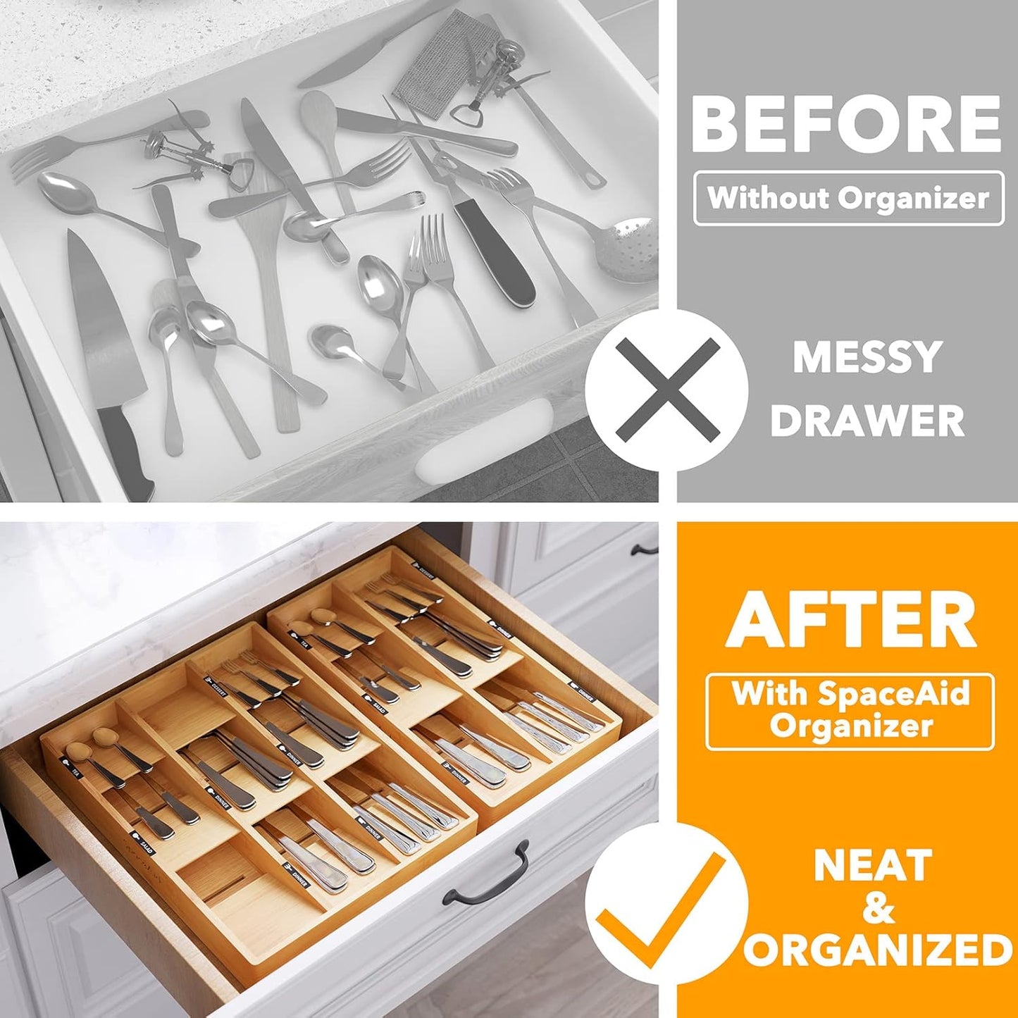 SpaceAid Bamboo Silverware Drawer Organizer (Need 3" Deep Drawer), Kitchen Utensil Tray Holder Organizer for Flatware, Cutlery, Spoon and Knives Storage Organization (9 Slots)