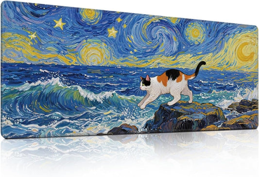 Cute Calico Cat Surfing Mouse Pad, Starry Night Style Mousepad - Large Non-Slip Desk Mat for Office, PC, Laptop - 31.5"x11.8" x 3mm