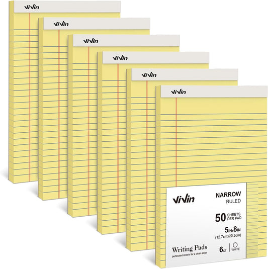 ViVin 5 x 8 Inch Legal Pads, 6 Pack, Narrow Ruled, 50 Sheets Per Writing Pad, Perforated Note Pads Ideal for Home, Office, Business, 300 Sheets, Canary Yellow Paper