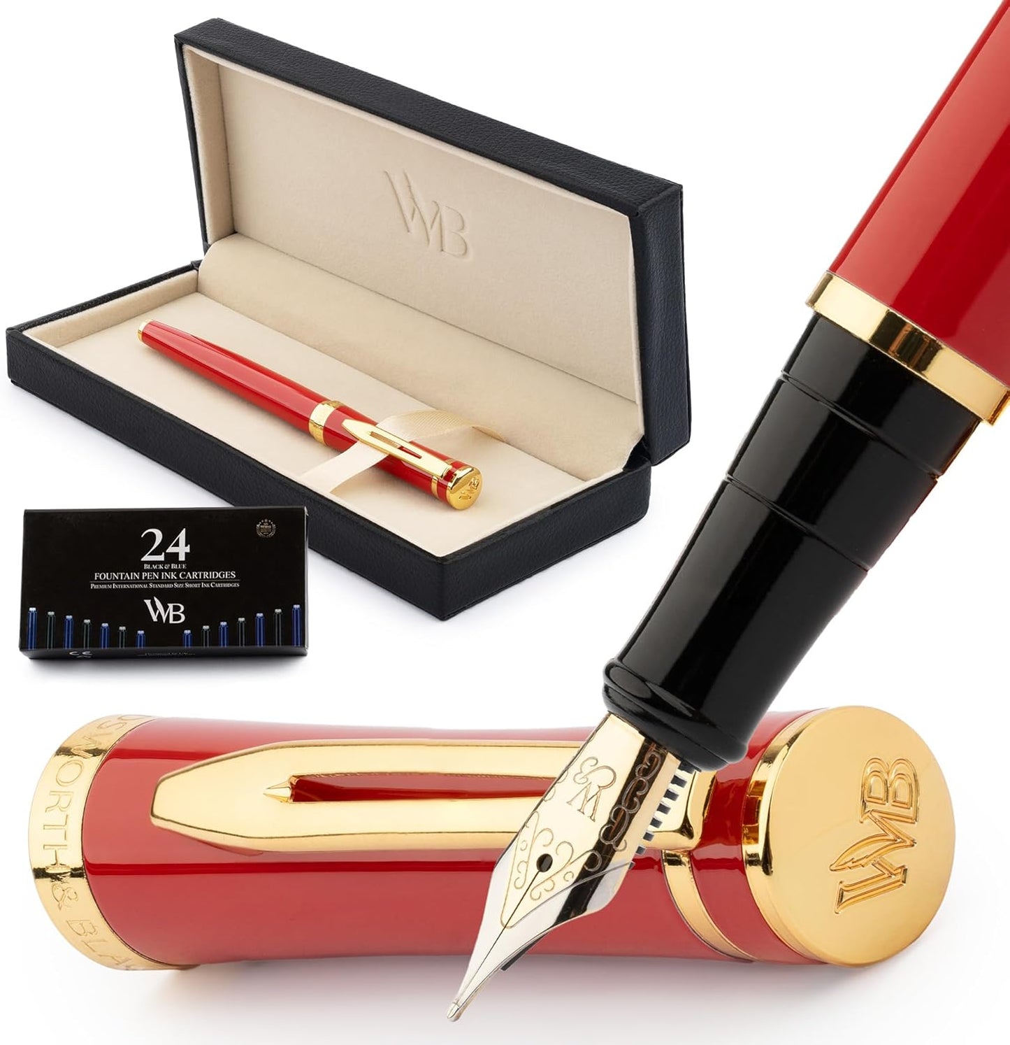 Wordsworth & Black Fountain Pen Set, Medium Nib, Includes 24 Ink Cartridges and Ink Refill Converter, Gift Case, Journaling, Calligraphy, Smooth Writing Pens [Crimson Red], Perfect for Men and Women