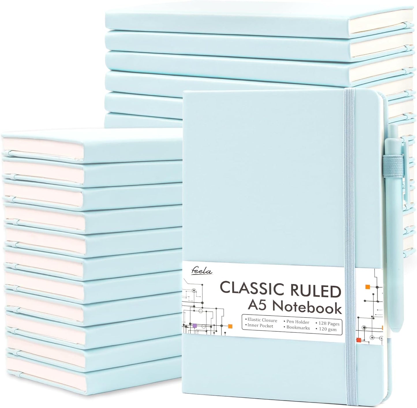 feela 24 Pack Journal Notebook Bulk for Work, Business Notebook Hardcover Lined Writing Journal with Pen Holder for Students Women Note Taking, with 24 Black Pens, 120 GSM, 5.1”x8.3”, A5, Sky Blue