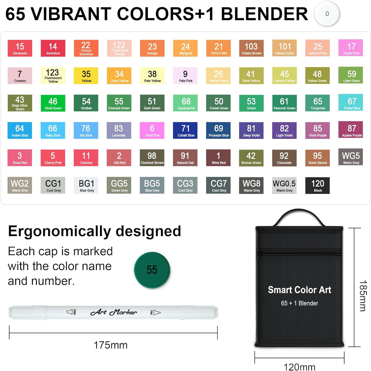 ChicRosa Art Markers, 65 Coloring Markers and 1 Blender, 66 Pack Alcohol Based Dual Tip Permanent Markers Highlighters with Case, Excellent for Adults Kids Coloring Marking Drawing Sketching (Black)